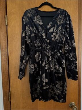 Black Floral Velvet Wrap Mini Dress with Self Tie Belt